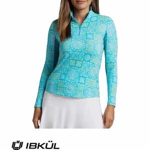 IBKUL Aqua Tile-Print Long Sleeve Quarter-Zip Top